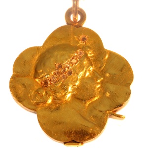 Art Nouveau gold slide locket four leaf clover with woman head